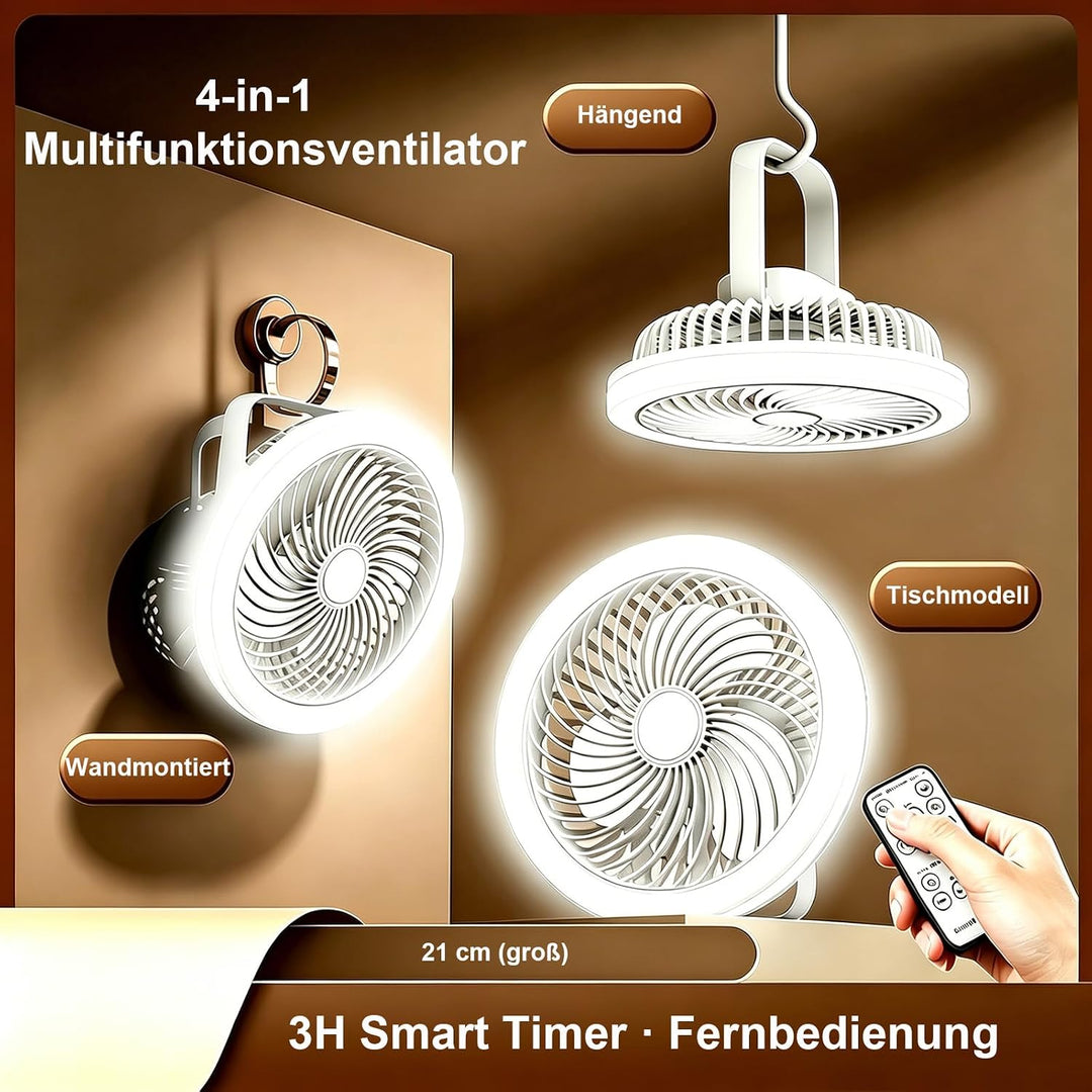 Camping Ventilator, 21 cm Campinglampe Lange Laufzeit mit 3 Windstufen | 3 Lichtstufen, Fernbedienun