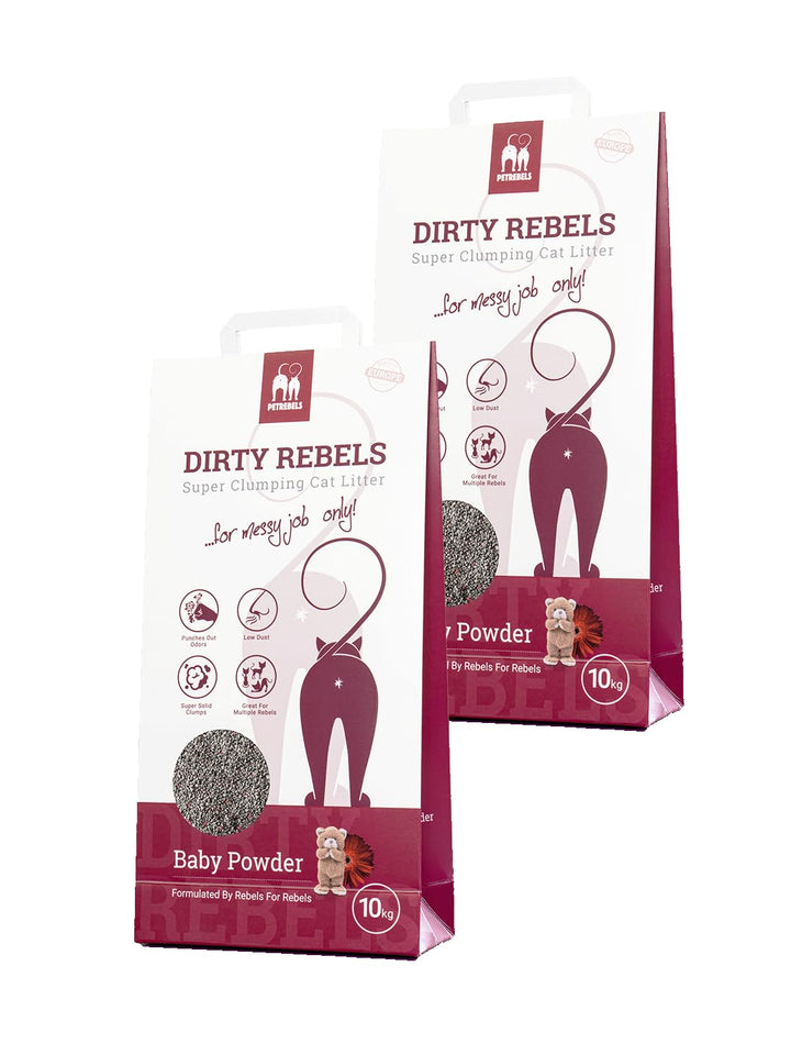 Petrebels Katzenstreu Dirty Rebels, 2X 10 Liter, Babypuderduft, 100% Natürlich, 2er-Pack, Babypuderd