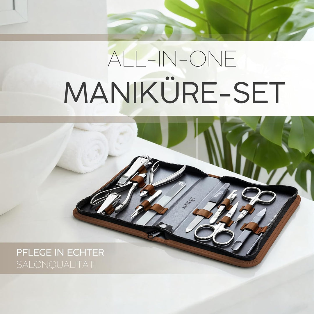 marQus Solingen Maniküre Set - 12 Teile in Echt Leder Etui handlich und weich - Komplettes Kit mit a