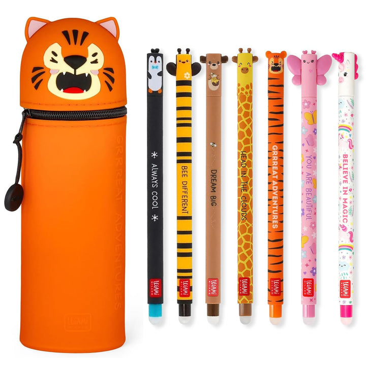 LEGAMI - Set aus 7 radierbaren Gelstiften + 2-in-1-Federmäppchen-Stiftehalter - mit thermoempfindlic