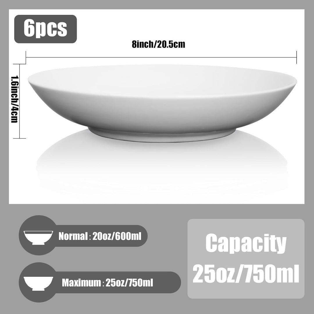 ALLUSEIT Pastateller Keramik, 6er Set 800ml Weiss Porzellan Suppenteller, Tiefe teller, Frühstückste