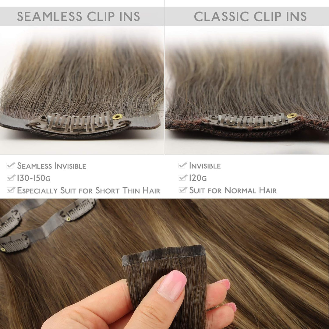 WENNALIFE Nahtlose Clip In Extensions Echthaar, 50cm 7pcs 150g Balayage Schokoladenbraun bis Karamel