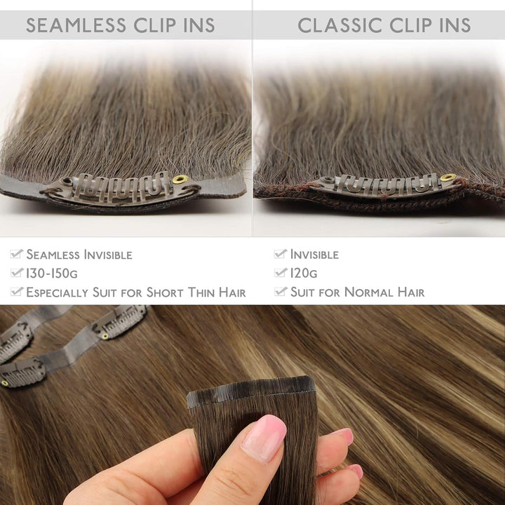 WENNALIFE Nahtlose Clip In Extensions Echthaar, 50cm 7pcs 150g Balayage Schokoladenbraun bis Karamel