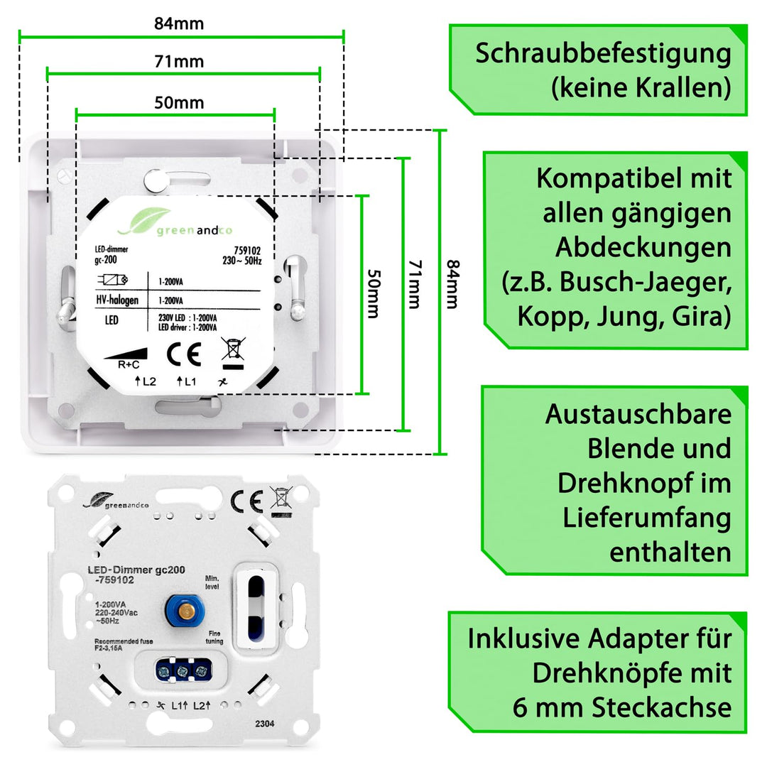 2 Stück greenandco® gc-200 Unterputz LED und Halogen Dimmer 1-200 Watt, auch für herkömmliche Leucht
