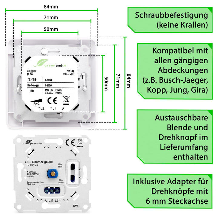 2 Stück greenandco® gc-200 Unterputz LED und Halogen Dimmer 1-200 Watt, auch für herkömmliche Leucht