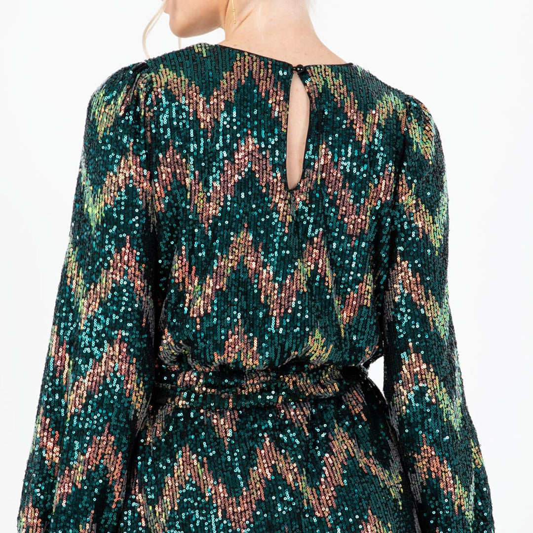 Women's Mini Dress Ladies Short Sequin Embellished Long Sleeve Round Neck Tie Belt Zig-Zag for Party