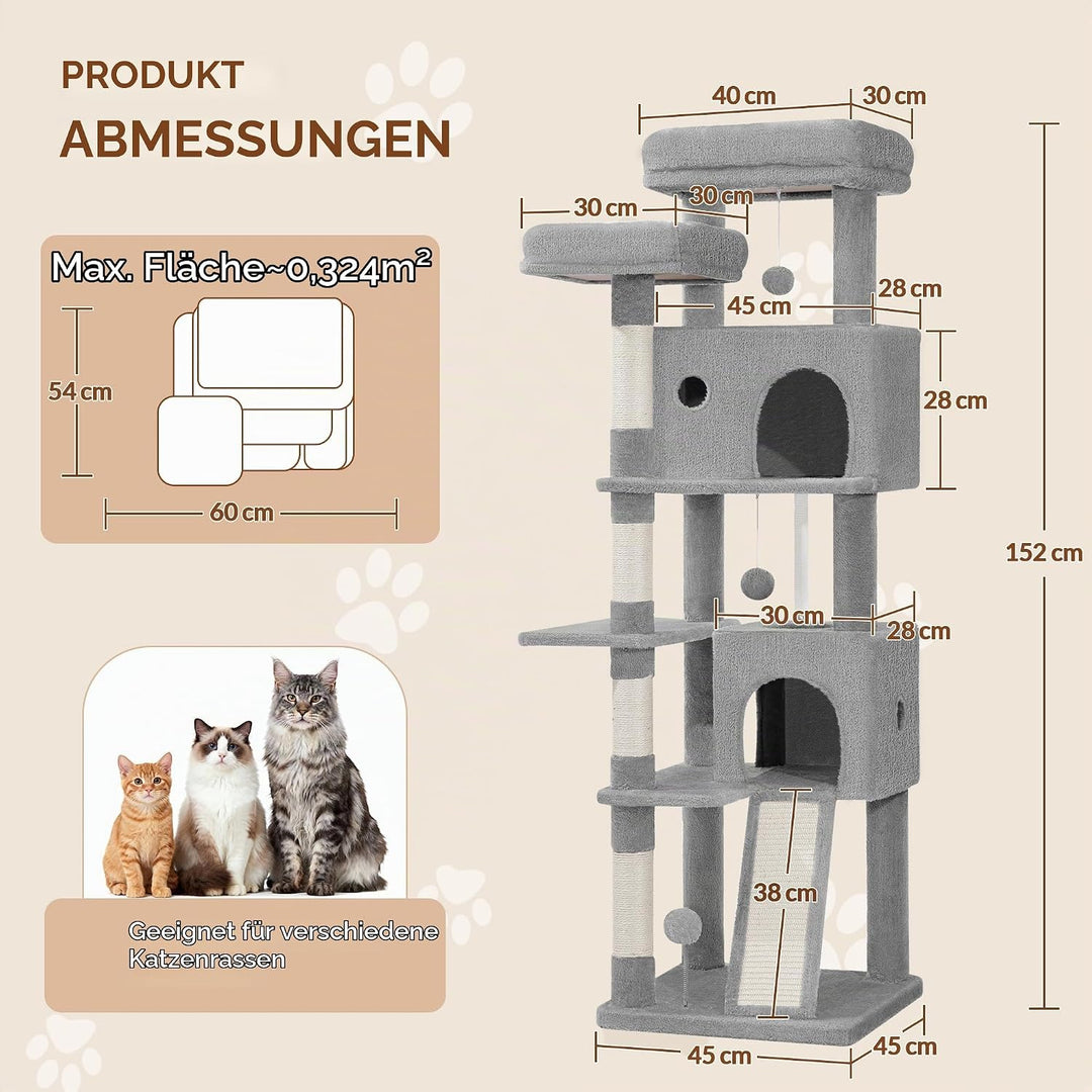 Kratzbaum 152 cm, Katzenbaum Gross, Kratzbaum Grosse Katzen Stabil mit Kratzsäulen, Kratzbrett, 2 Be