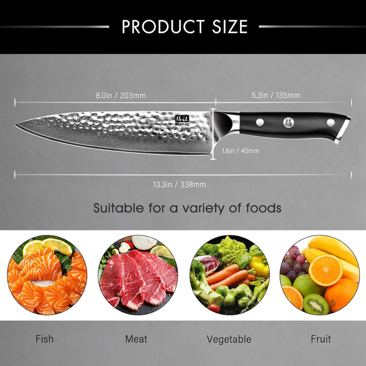 SHAN ZU Damastmesser Kochmesser 67 Schichten Damaststahl Küchenmesser mit G10 Griff 20CM - PRO Serie