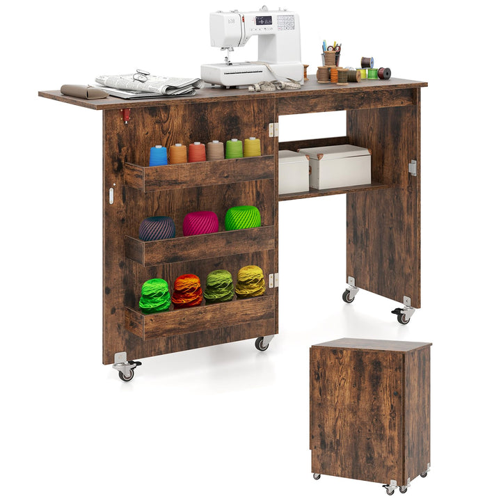 COSTWAY 2 in 1 Nähtisch klappbar, Nähmaschinenschrank aus Holz mit Regalen & Ablagefach, Nähschrank