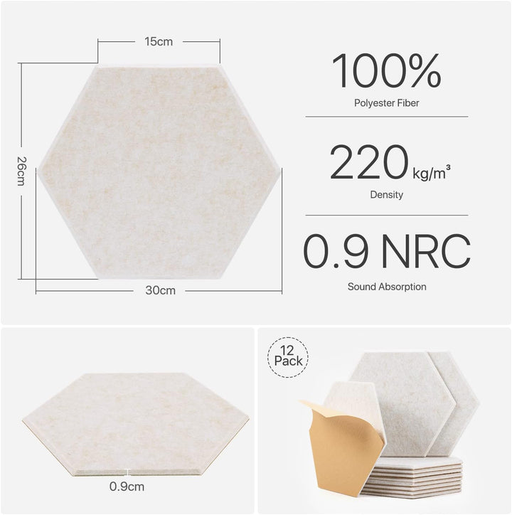Hexagon Akustikplatten Selbstklebend, 12 Stück Hohe Dichte Schallabsorber Wand für Decken-/Tür-/Wand