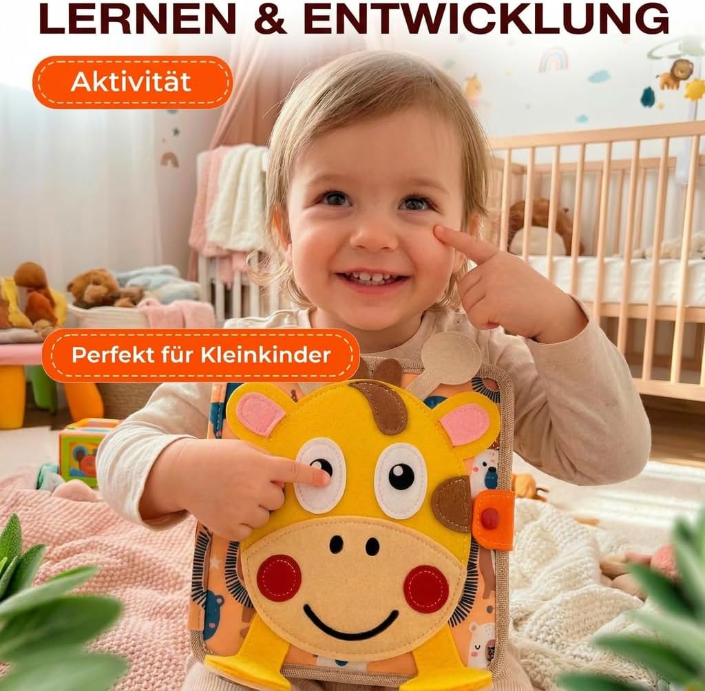 Quiet Book ab 1 Jahr – Montessori Busy Board aus Weichem Filz, Unkaputtbares Stoffbuch für Baby & Kl