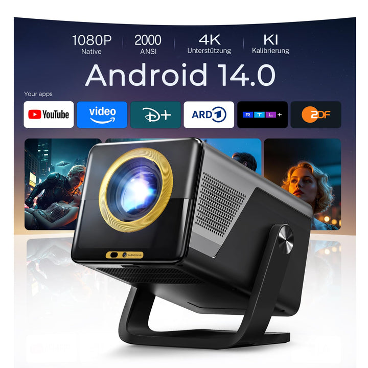 2026 Neuer 2000ANSI Beamer Smart Projektor Full HD Native 1080P Android14 Built-in Apps Autofokus/Ke