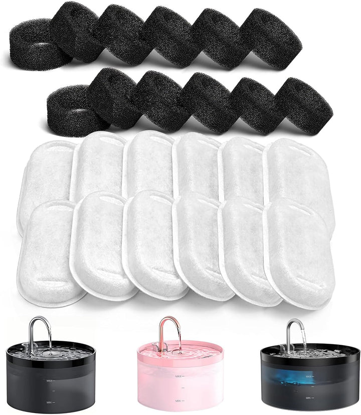 GIOTOHUN Filter für Katzenbrunnen, 12 Stück Filter + 12 Stück Schaumstofffilter für Trinkbrunnen für