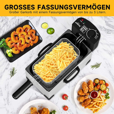 HOMELUX Friteuse 3Liter Kapazität Friteuse Mit fett, Abnehmbarer Edelstahl Fritöse, Isolierter Griff