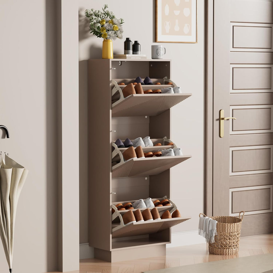 UEV Schuhschrank mit 3 Klappen, Schuhkipper Schuhkommode Schuhregal schmal für Flur mit Kippschutz/D