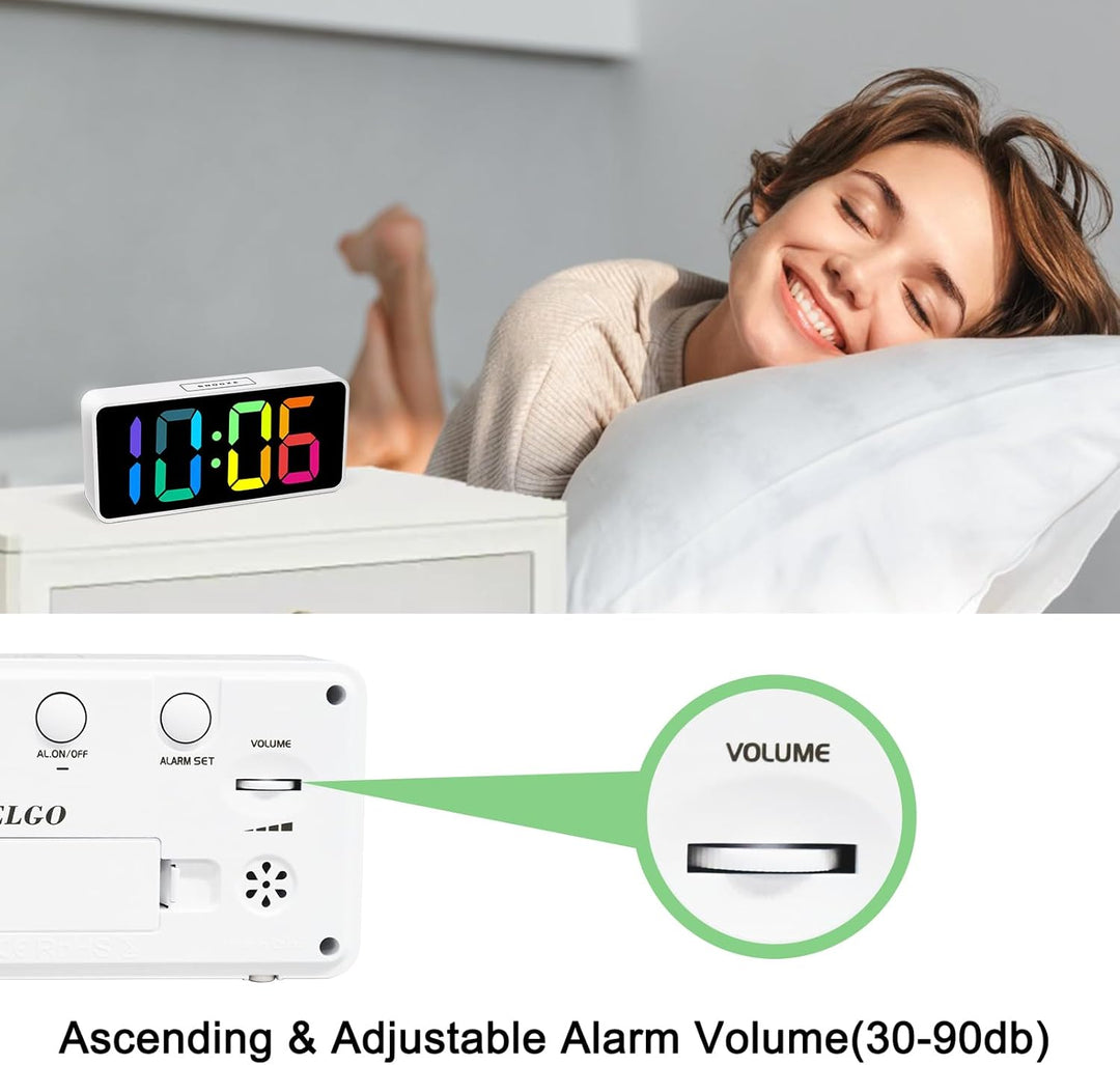 Welgo Digitaler LED-Wecker, Regenbogenfarben, 0–100 % Dimmer, USB-Ladeanschluss, grosse Zahl, kräfti