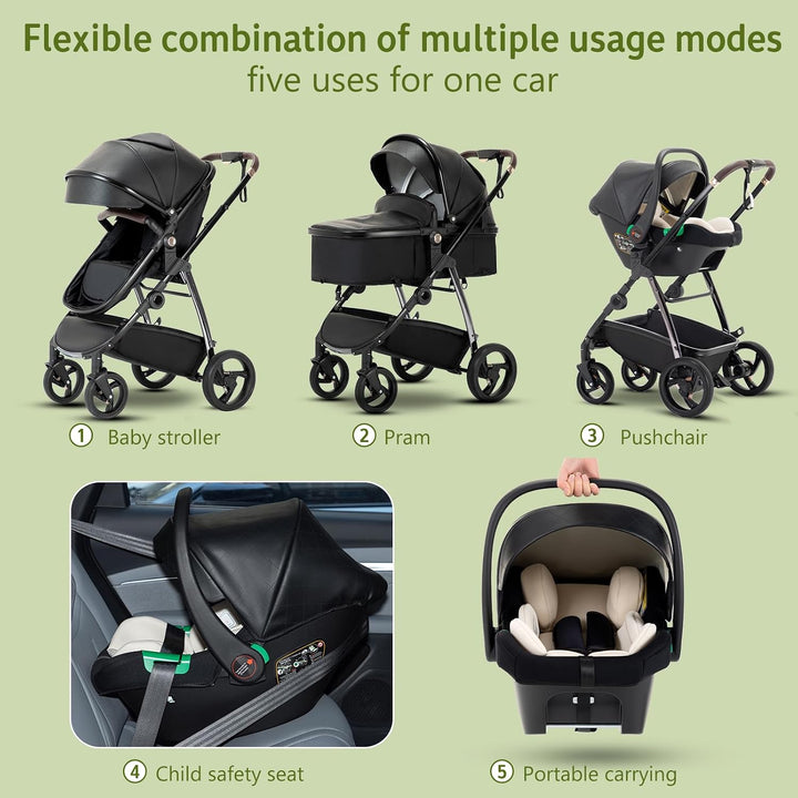 Zkiprm 3-in-1-Kinderwagen, 3-in-1-Reisesystem mit Autositz, mit Regenschutz, Aluminiumrahmen, Stadtw