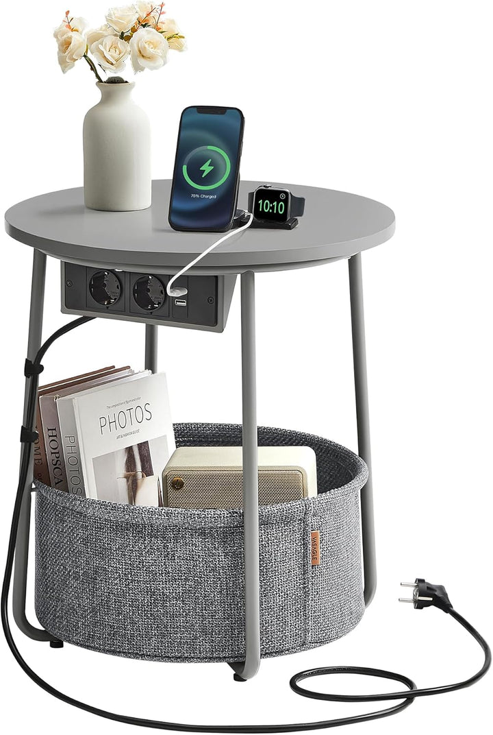 VASAGLE Beistelltisch rund, Kleiner Tisch, Couchtisch mit Steckdose, Wohnzimmertisch, Korb aus Stoff