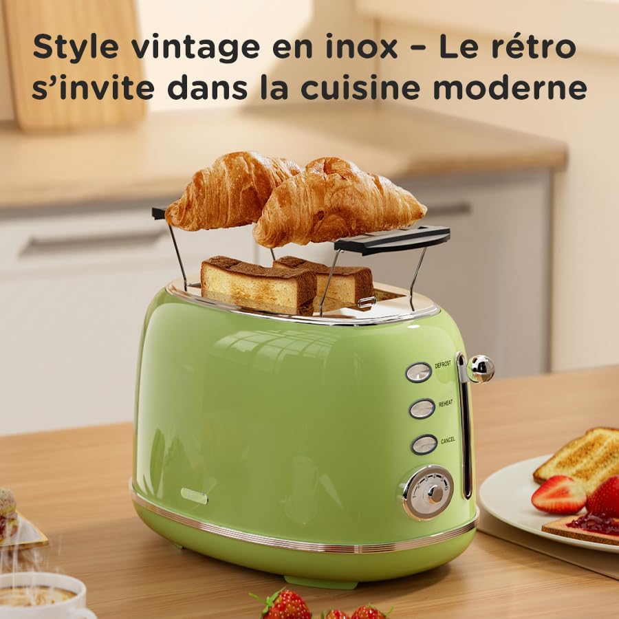 Retro Toaster 2 Scheiben Edelstahl – Brötchenaufsatz, 6 Röststufen, Vorheiz- und Auftaufunktion, Abs
