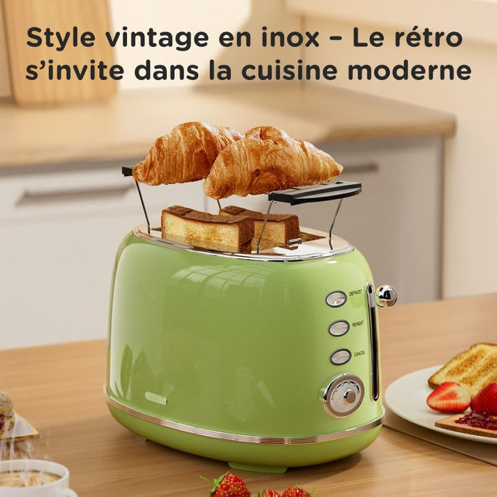 Retro Toaster 2 Scheiben Edelstahl – Brötchenaufsatz, 6 Röststufen, Vorheiz- und Auftaufunktion, Abs
