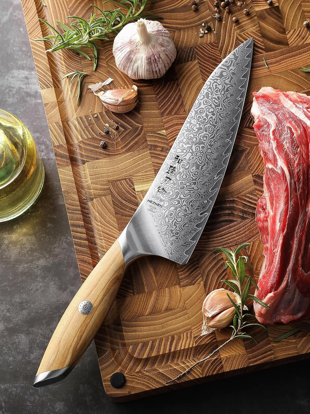 HEZHEN 21CM Damast Kochmesser, Profi Küchenmesser, 73 Lagen Damaszener Stahl, Full Tang Griff aus Ol