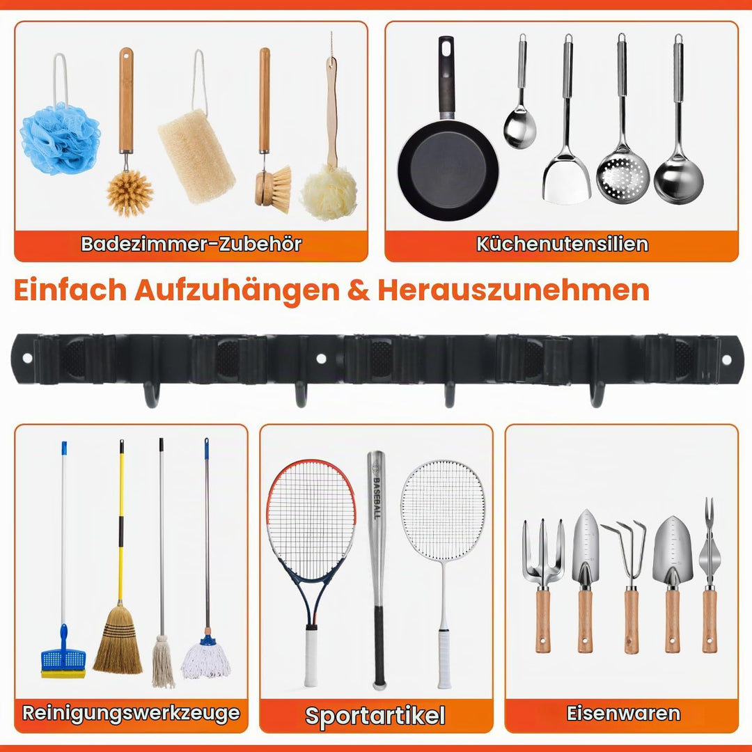 2 Stück Besenhalterung Wand, 10 Halter + 8 Haken Edelstahl Gerätehalter, Selbstklebend Gartengeräteh