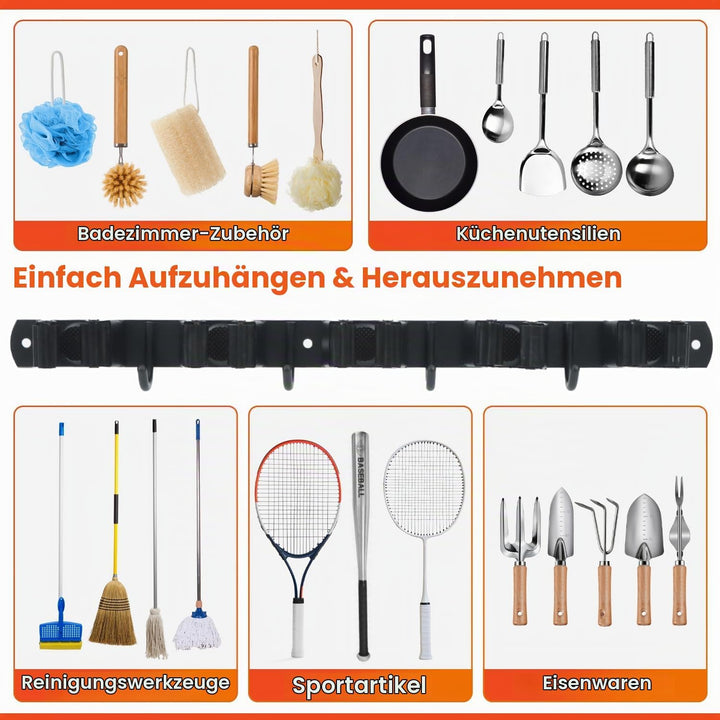 2 Stück Besenhalterung Wand, 10 Halter + 8 Haken Edelstahl Gerätehalter, Selbstklebend Gartengeräteh