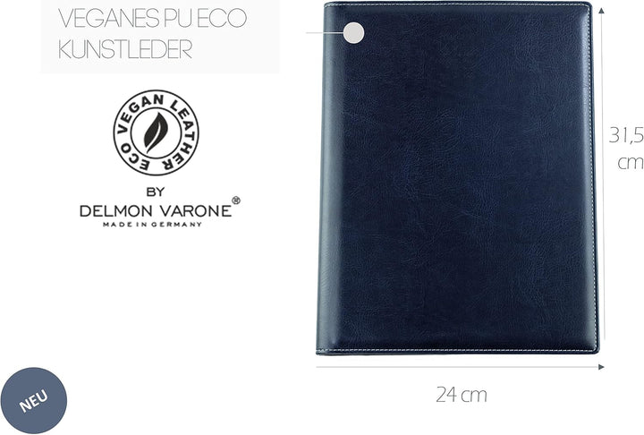 DELMON VARONE - Schreibmappe inkl. Notizblock DIN A4 (80 Blatt) aus veganem Eco Kunstleder Blau - Or