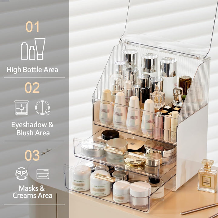 Grosse Make-up-Aufbewahrungsbox, 3-stöckig – Kosmetik-Organizer für die Theke mit Deckel, Schminktis