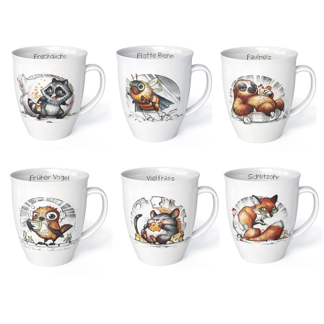 L.E.R.D.93 Tassen 6er Set mit Tiermotiven Fuchs Waschbär Faultier Biene Vogel Maus Made in Germany P