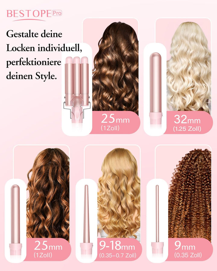 BESTOPE PRO Lockenstab set 5 in 1 Welleneisen - Lockenstäbe 3 Fässer für Grosse Keine Locken Keramik