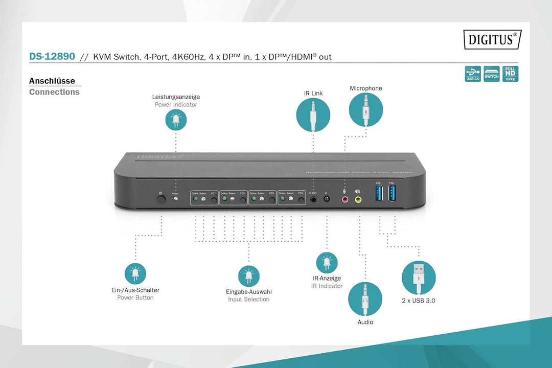 DIGITUS KVM-Switch DisplayPort – 4-Port Single-Display – 4 PC 1 Monitor – 1x Maus, Tastatur &amp; Audio