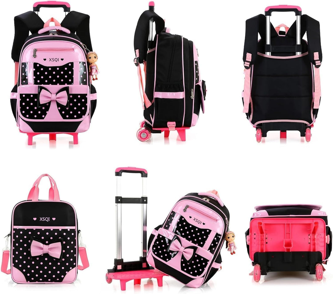 6-Räder Trolley-Rucksack für Mädchen und Kinder Schultasche für Grundschule Schwarz, 42x30x20cm 0108