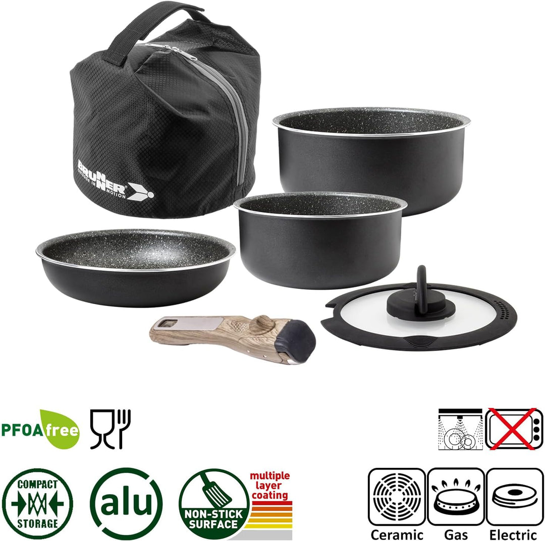 BRUNNER Camping Kochgeschirr-Set Alu (Töpfe und Pfannen) - ø 20, 22, 24, 26-cm Pirate Vakublock - 4