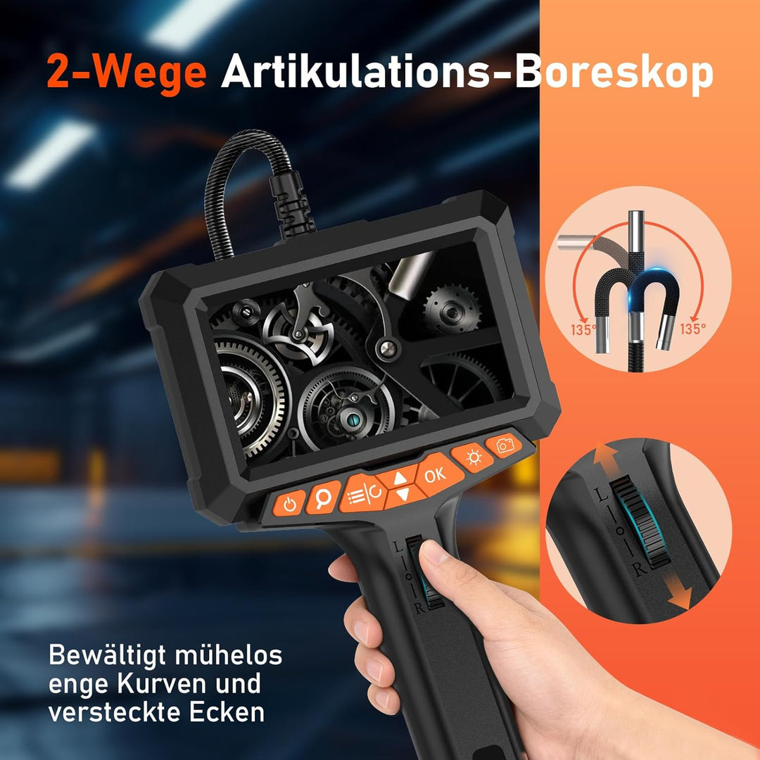 1080P Endoskopkamera Beweglicher Kopf, 5" LCD-Bildschirm Endoskopkamera mit Licht, 270° Drehbare End
