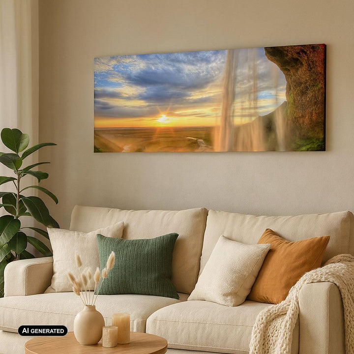 Wandbilder Dekoration Wohnzimmer Wasserfall Natur Park Sonne Panorama Bilder auf Leinwand 120x50cm L