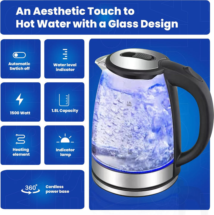 Leyf Glas Wasserkocher 1,8L - 1500W, BPA-frei, 360° drehbare Basis, LED-Beleuchtung, automatische Ab
