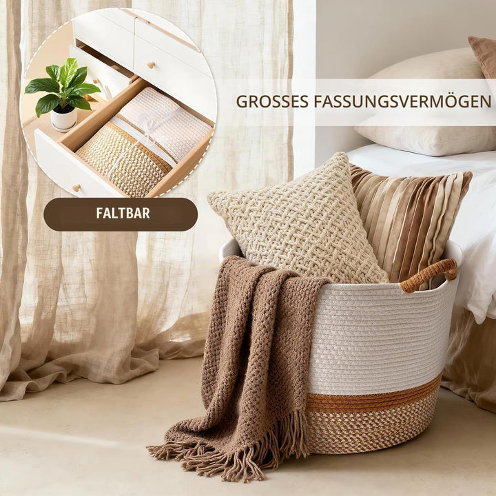 Grosser Wäschekorb Aus Baumwollseil, Faltbar, Mit Griffen, 25×40 Cm | Weicher, faltbarer Baumwollkor