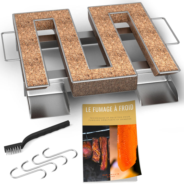 Kaltrauchgenerator/Räucherschnecke für Räucherofen Fleisch und Fisch + 4 Fleischerhaken und 1 Reinig