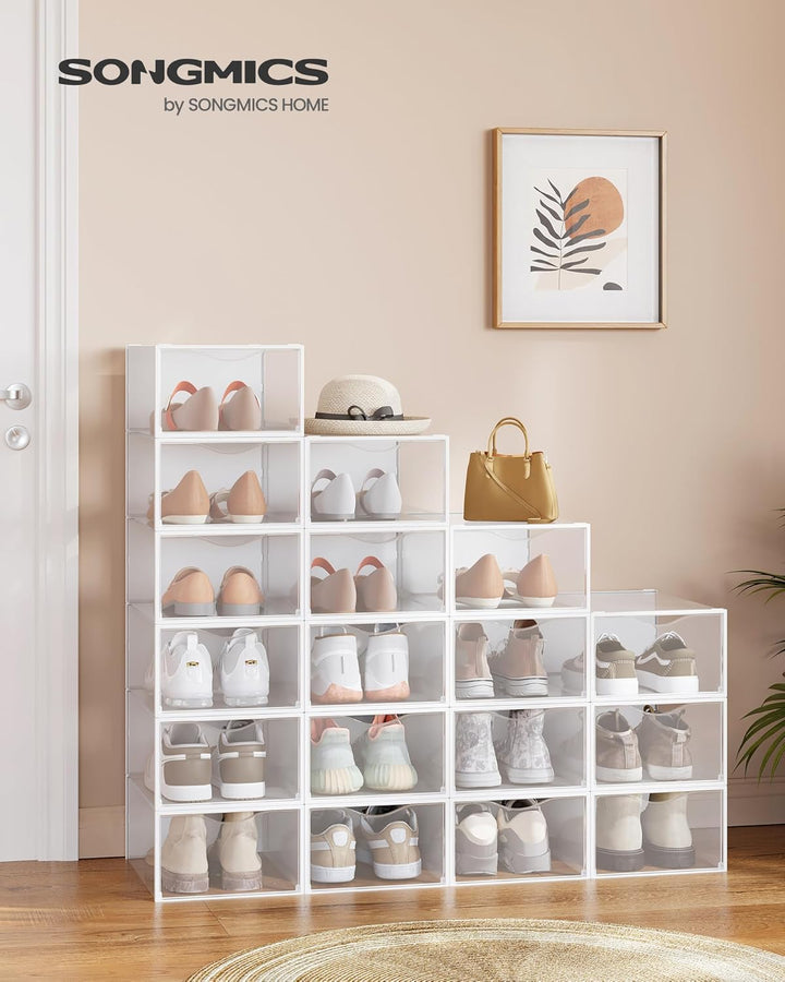 SONGMICS Schuhboxen, Schuh-Organizer aus Kunststoff, mit Tür, durchsichtig, 18er Set, stapelbar, ein