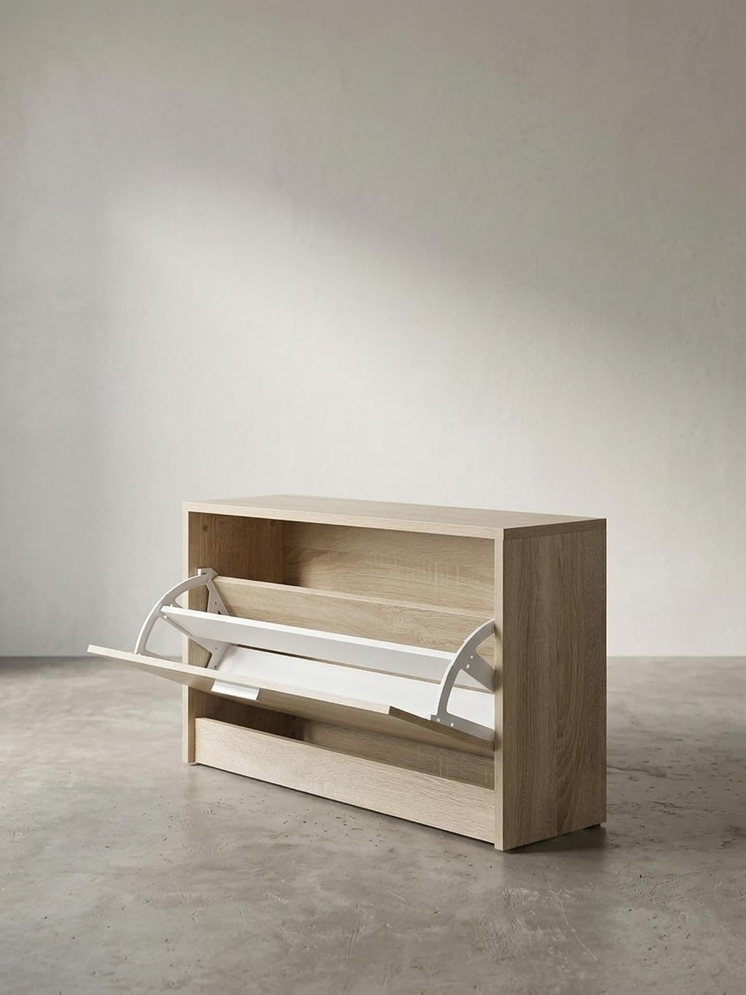 Holz Schuhkipper Bank: Kippfächer, Verstellbarer Einlegeboden, Melaminharzbeschichtung Farbe: Beige,