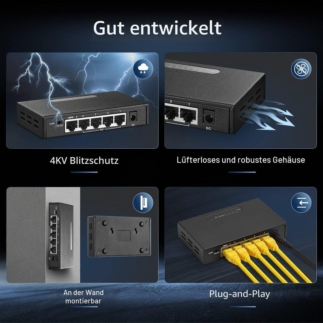Binardat 5 Port Gigabit POE Switch, 4 POE+ Ports 1000Mbps, 1 Gigabit Uplink, IEEE802.3af/at, 65W Pow