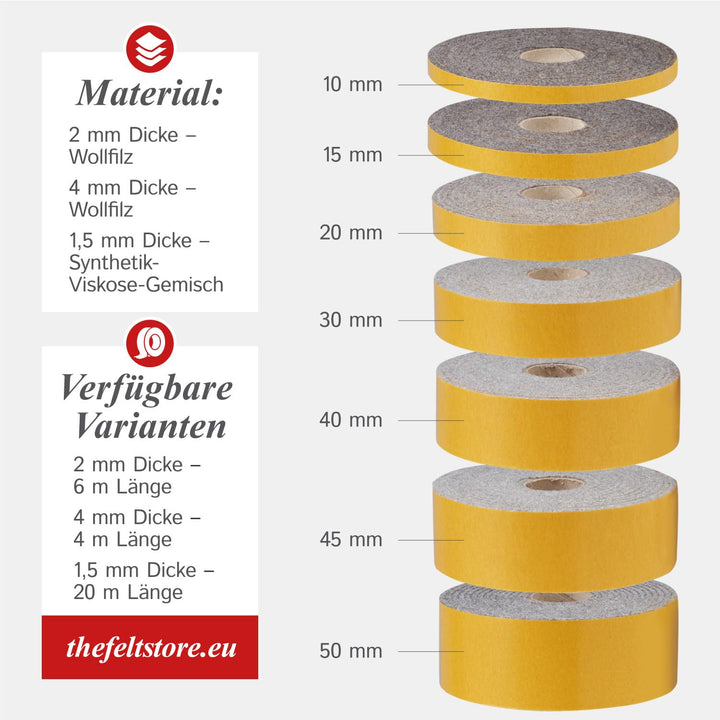 The Felt Store Filzband selbstklebend, 30mm breit, 4mm stark, 4m lang, Grau meliert, Klapperschutz,