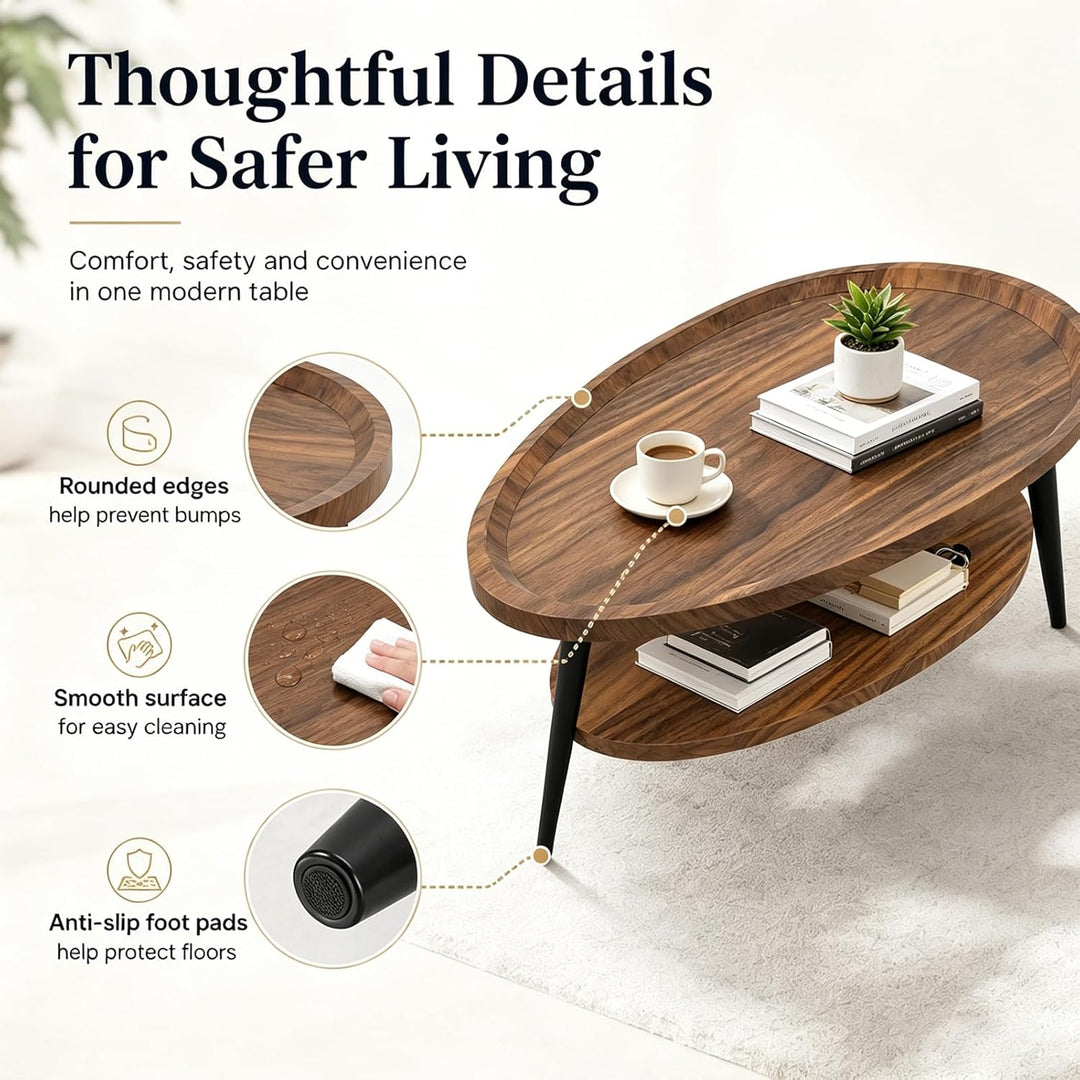 Couchtisch Oval Holz | Wohnzimmer Tisch für Couch | Wohnzimmertisch mit Stauraum | Einfacher Aufbau