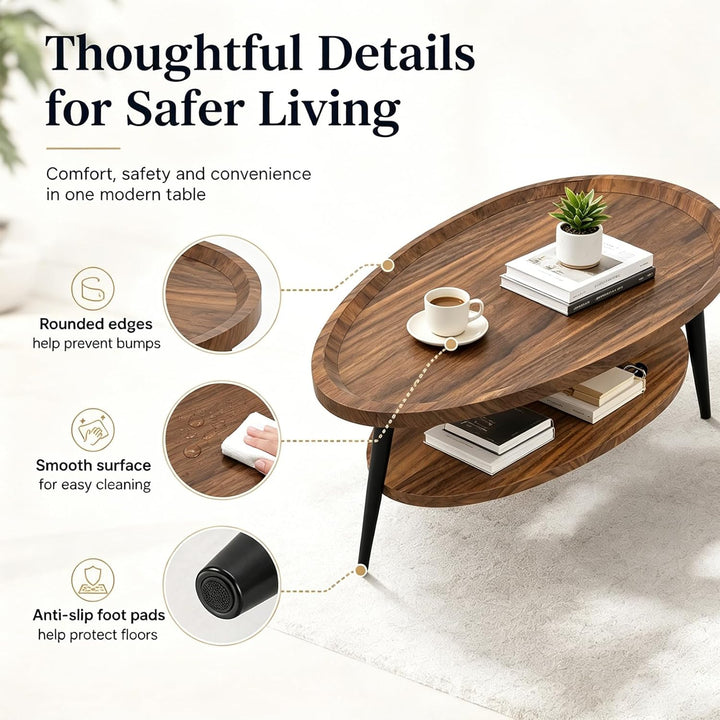 Couchtisch Oval Holz | Wohnzimmer Tisch für Couch | Wohnzimmertisch mit Stauraum | Einfacher Aufbau