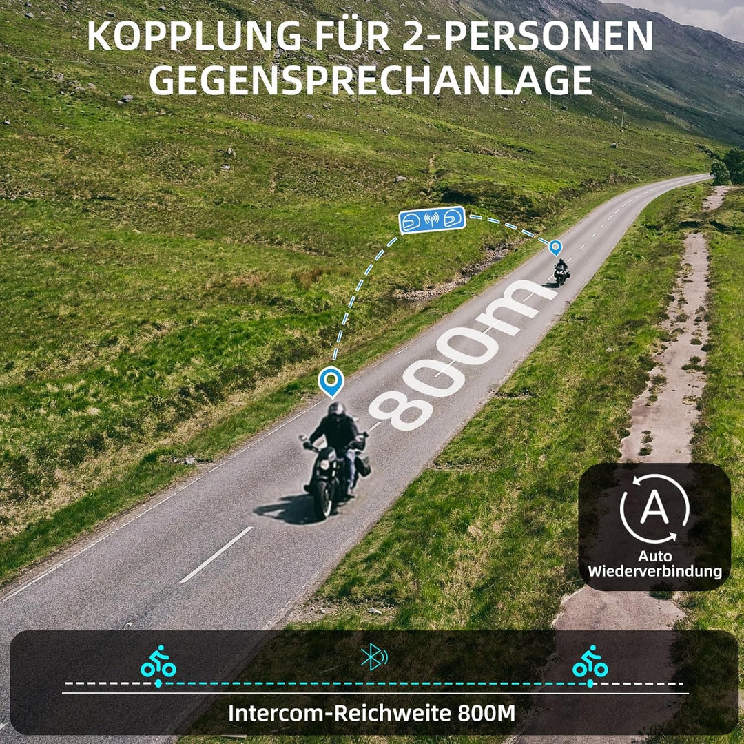R18 Lite Motorrad Headset,intercom Motorrad für 2 Personen in Reichweite von 800m,Motorrad kommunika