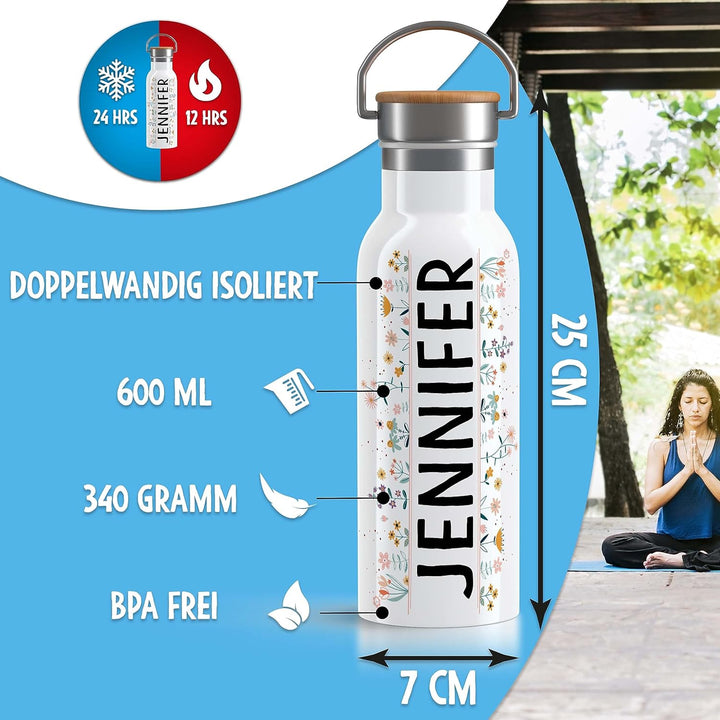 OWLBOOK® Edelstahl Trinkflasche personalisiert| Wasserflasche 600 ml | Thermos Flasche Sportflasche