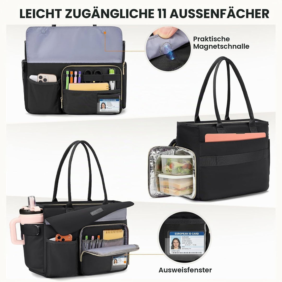 RAINSMORE Lehrertasche Damen mit Lunchfach 17.3 Zoll Laptoptasche Gross Isoliertes Fach Wasserdicht