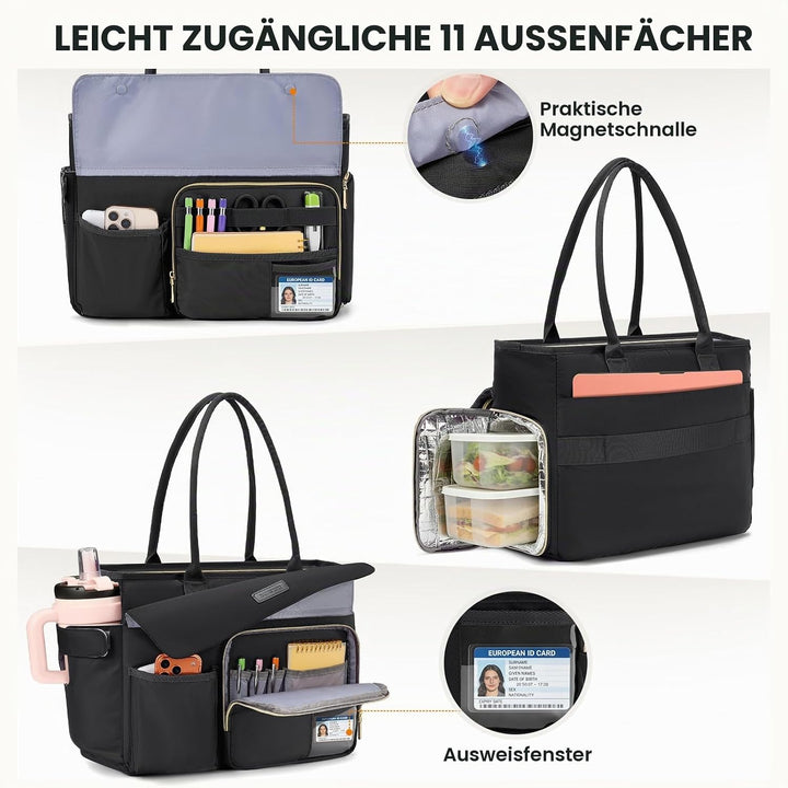 RAINSMORE Lehrertasche Damen mit Lunchfach 17.3 Zoll Laptoptasche Gross Isoliertes Fach Wasserdicht