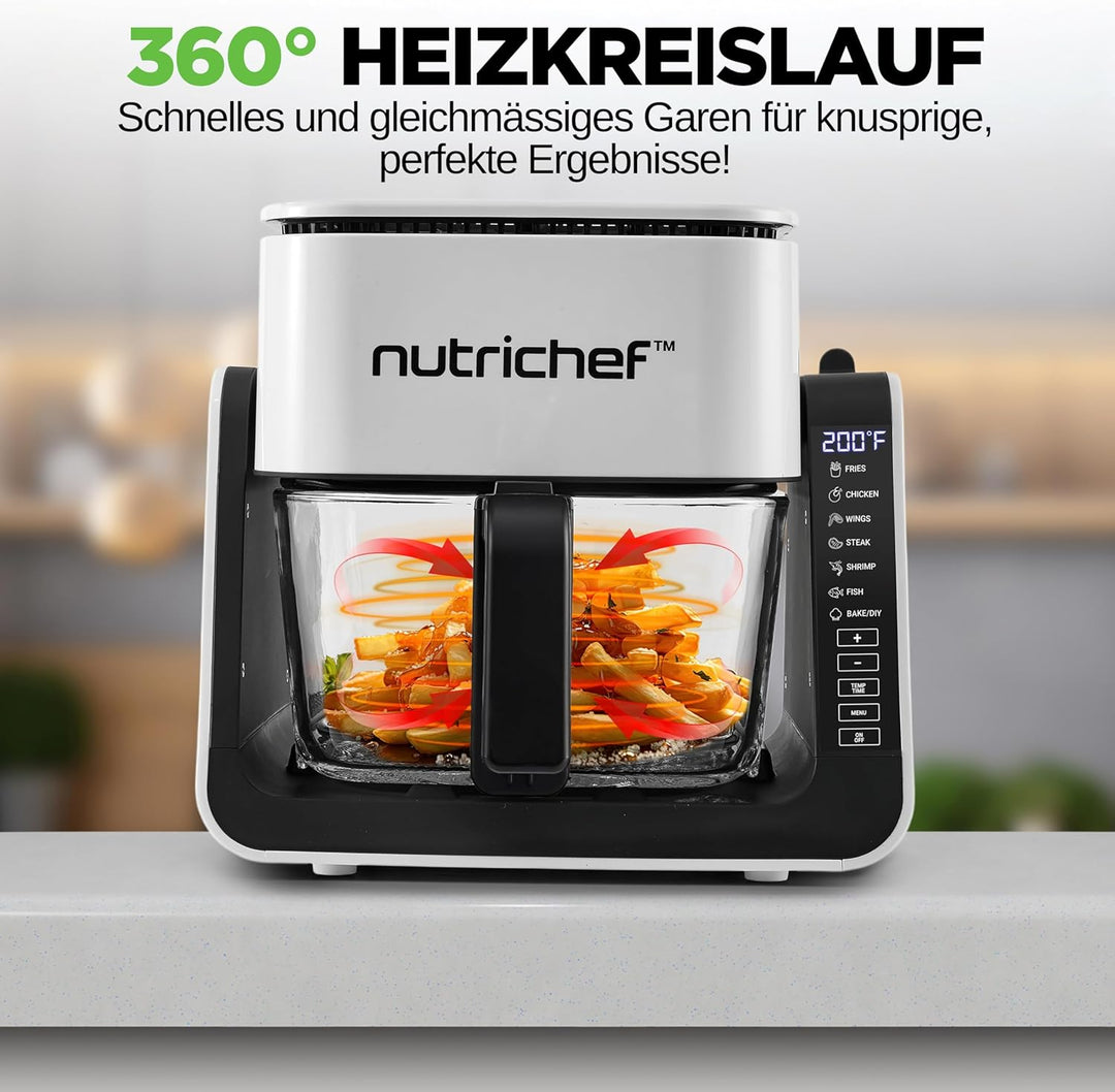 NutriChef 4L Airfryer & Elektrogrill – 7-in-1 Glas Heissluftfritteuse + 1.2L Grill Frittieren, Grill